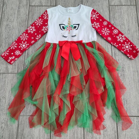 Girls Christmas Unicorn Tutu Dress Red and Green Size 4–5Y - Picture 4 of 11